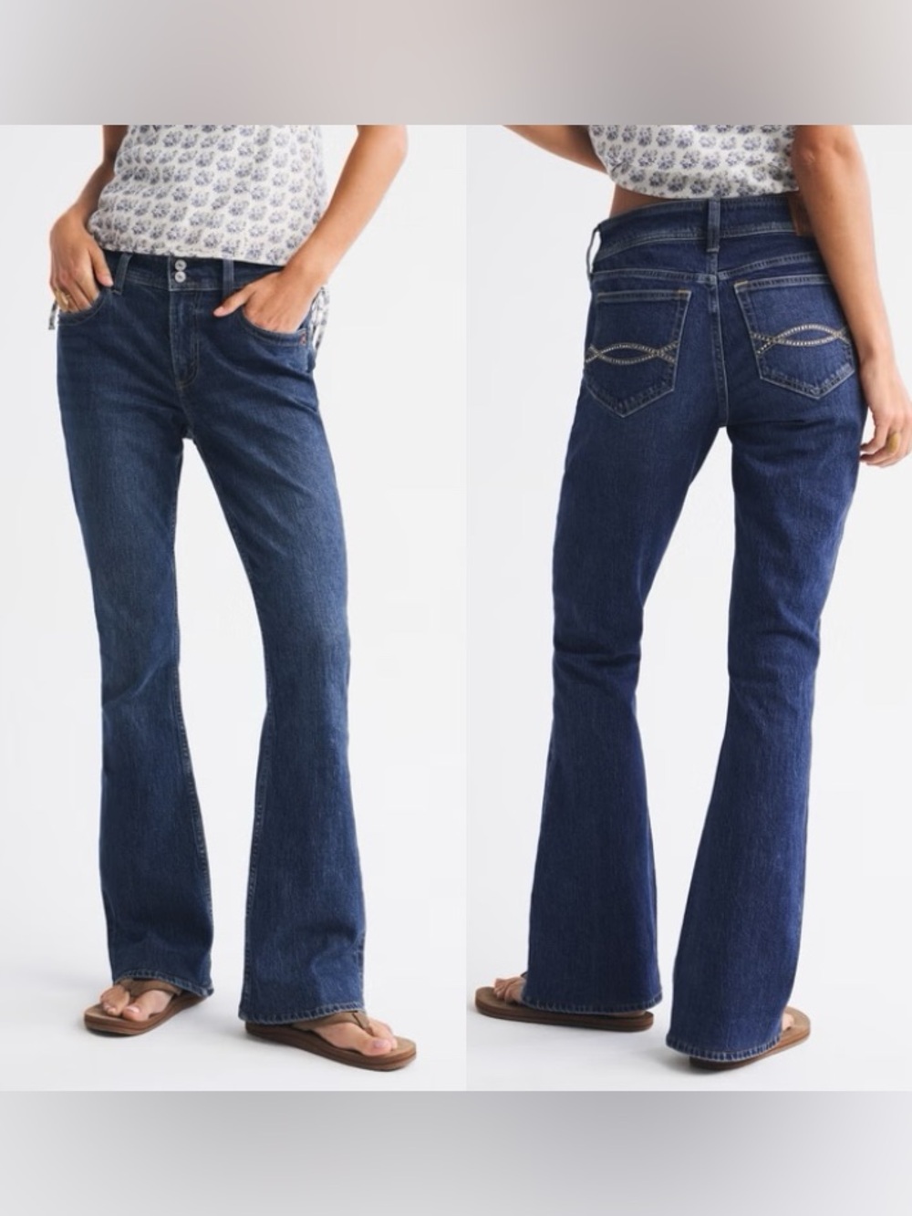 Abercrombie & Fitch Mid Rise Boot Cut Rhinestone Pocket Dark Wash Flare Jeans